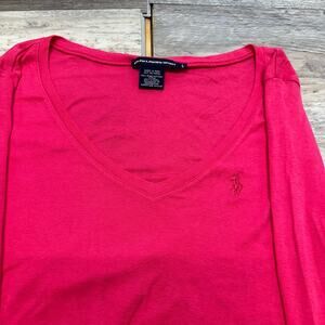 Ralph Lauren Sport Bright Pink Womens L Pink Pony Logo Preppy Vneck Knit Sweater